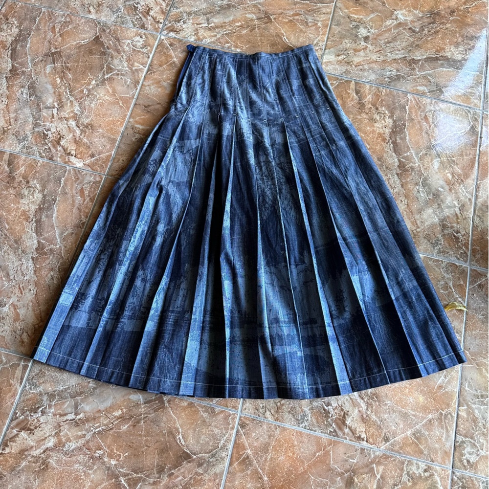 Lafayette 148 New York Landscape Print Pleated Nonstretch Denim Skirt